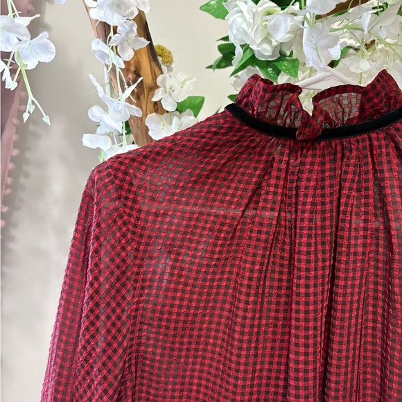 Ganni Red & Black Check Seersucker Tie Neck Shirt ♥️ - Picture 13 of 15